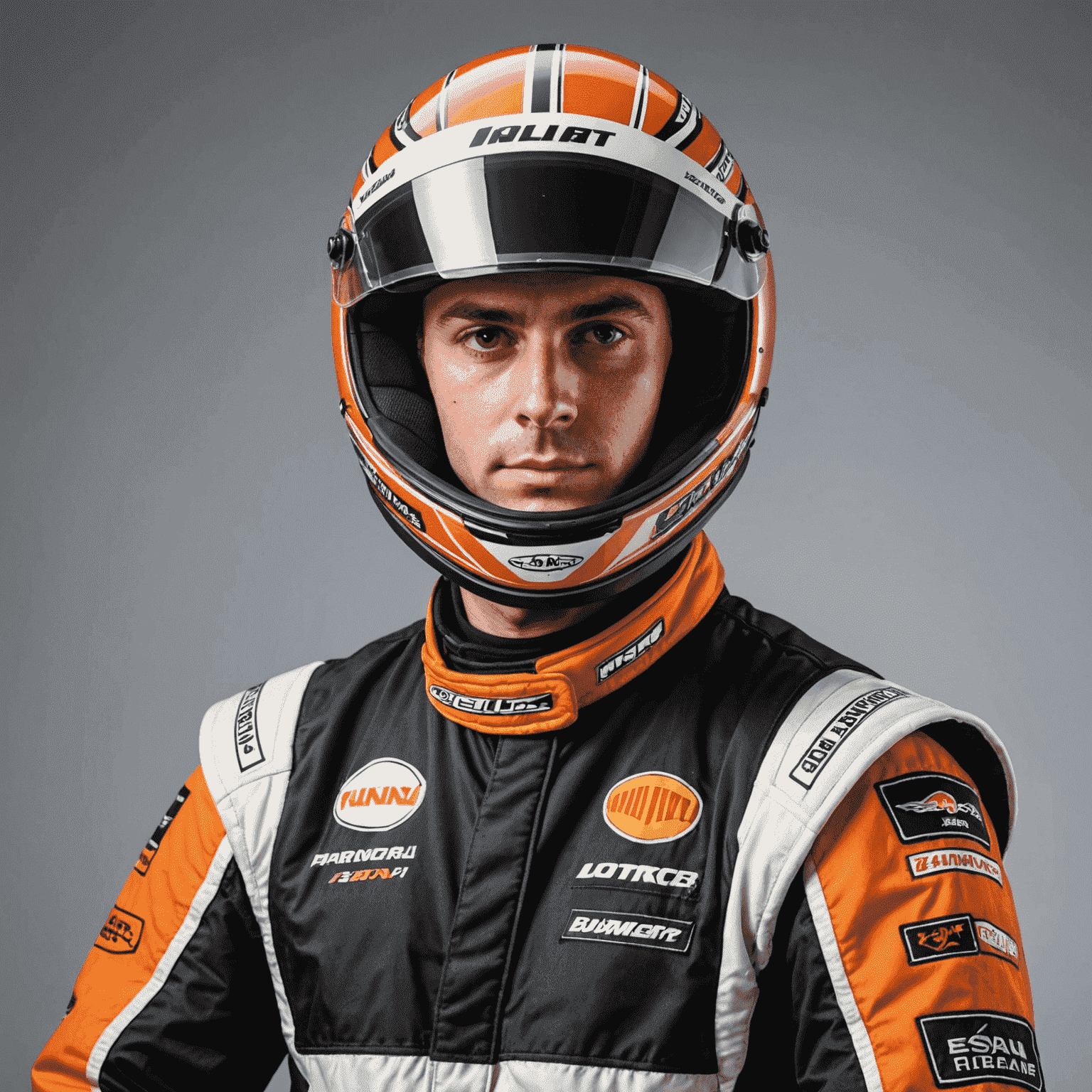 Portrait of our lead instructor, a professional kart racer with multiple championships under their belt, wearing a racing suit and holding a helmet