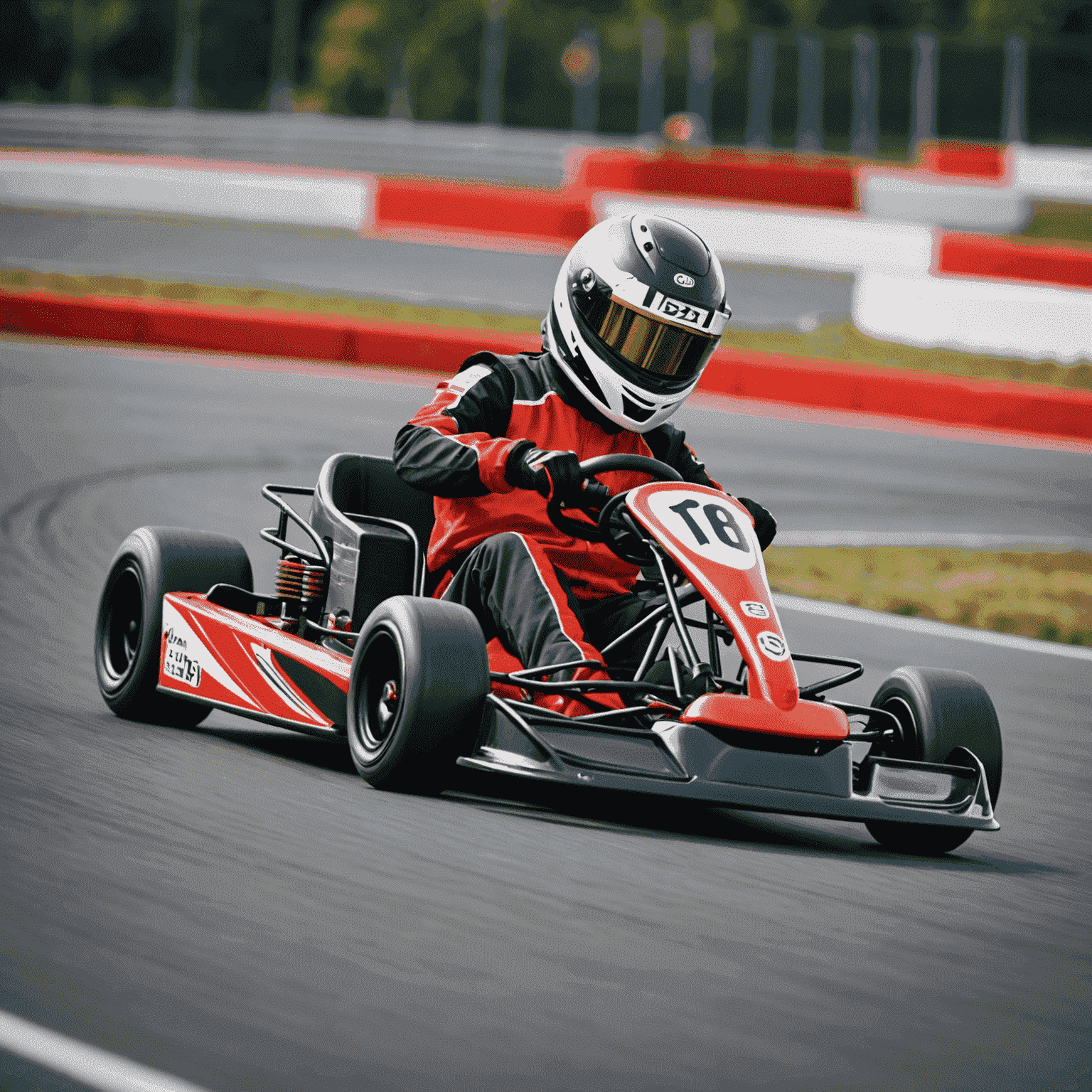 A go-kart racing on a track, slightly blurred to convey speed. The kart is red and the driver is wearing a black helmet.