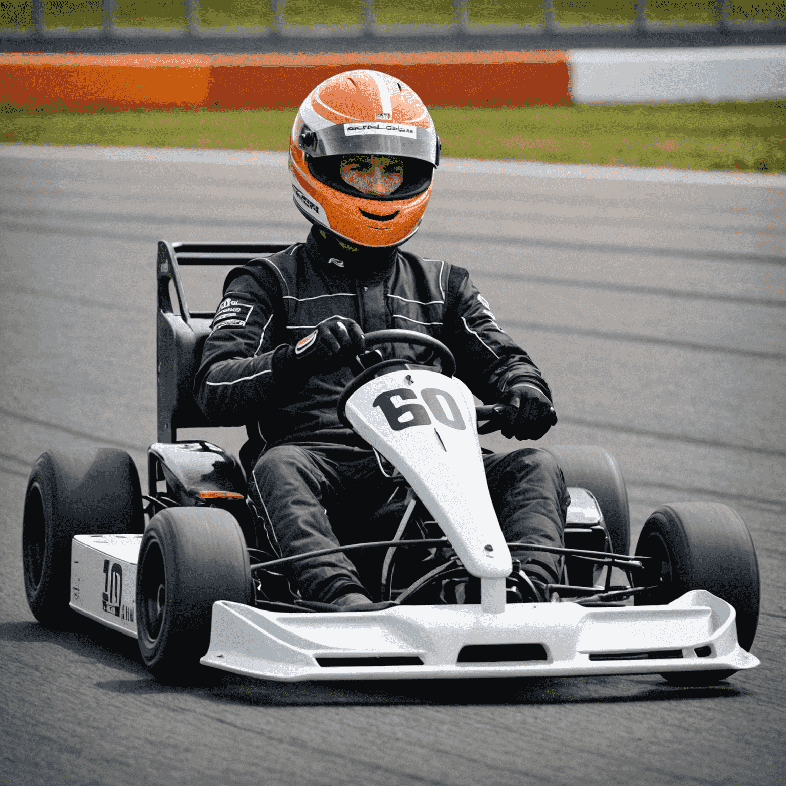 A go-kart on a race track with a driver demonstrating proper seating position and hand placement on the steering wheel. Safety gear such as a helmet and suit are clearly visible.