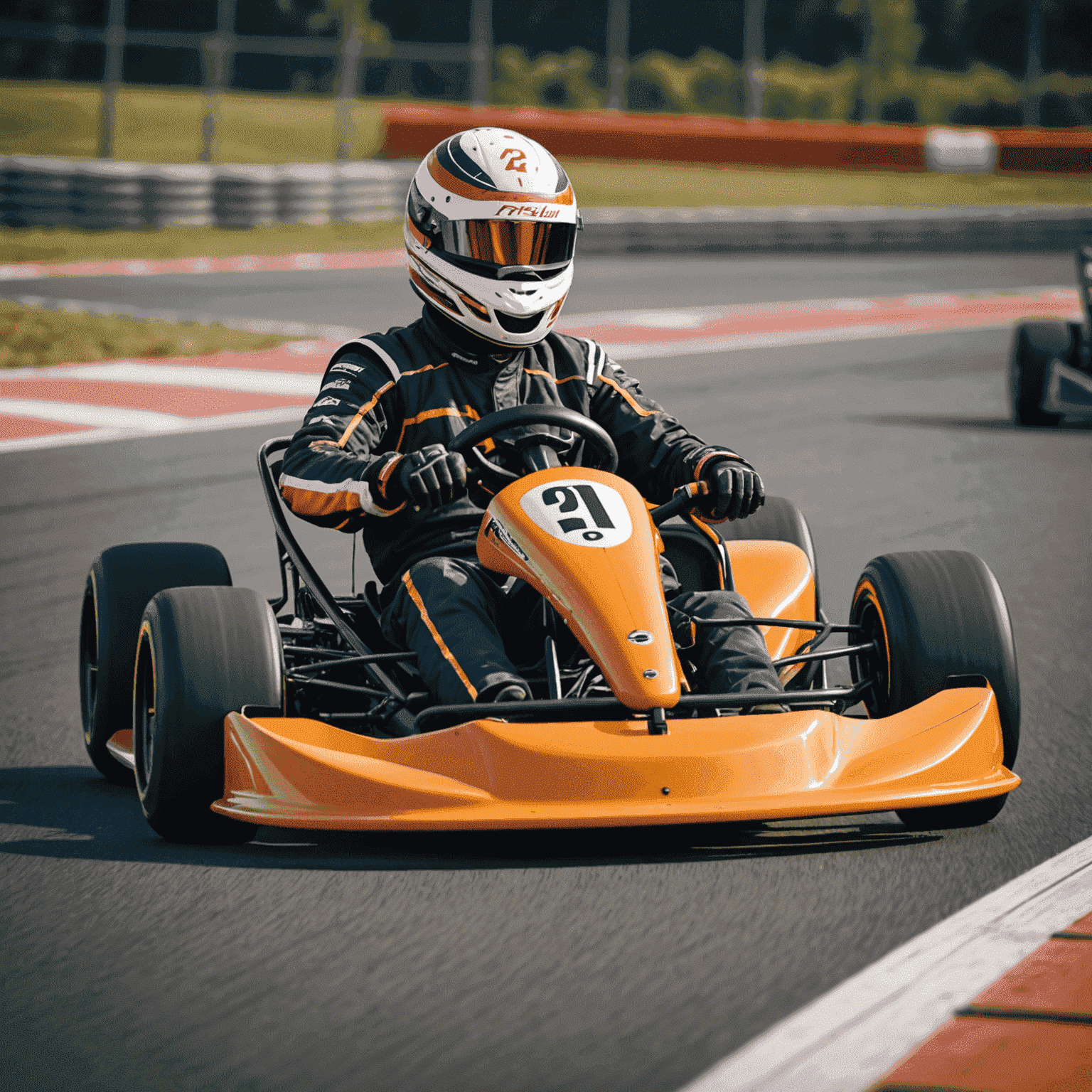 A go-kart racing on a track, showcasing proper driving posture and hand placement on the steering wheel. The image captures the excitement and focus of karting.