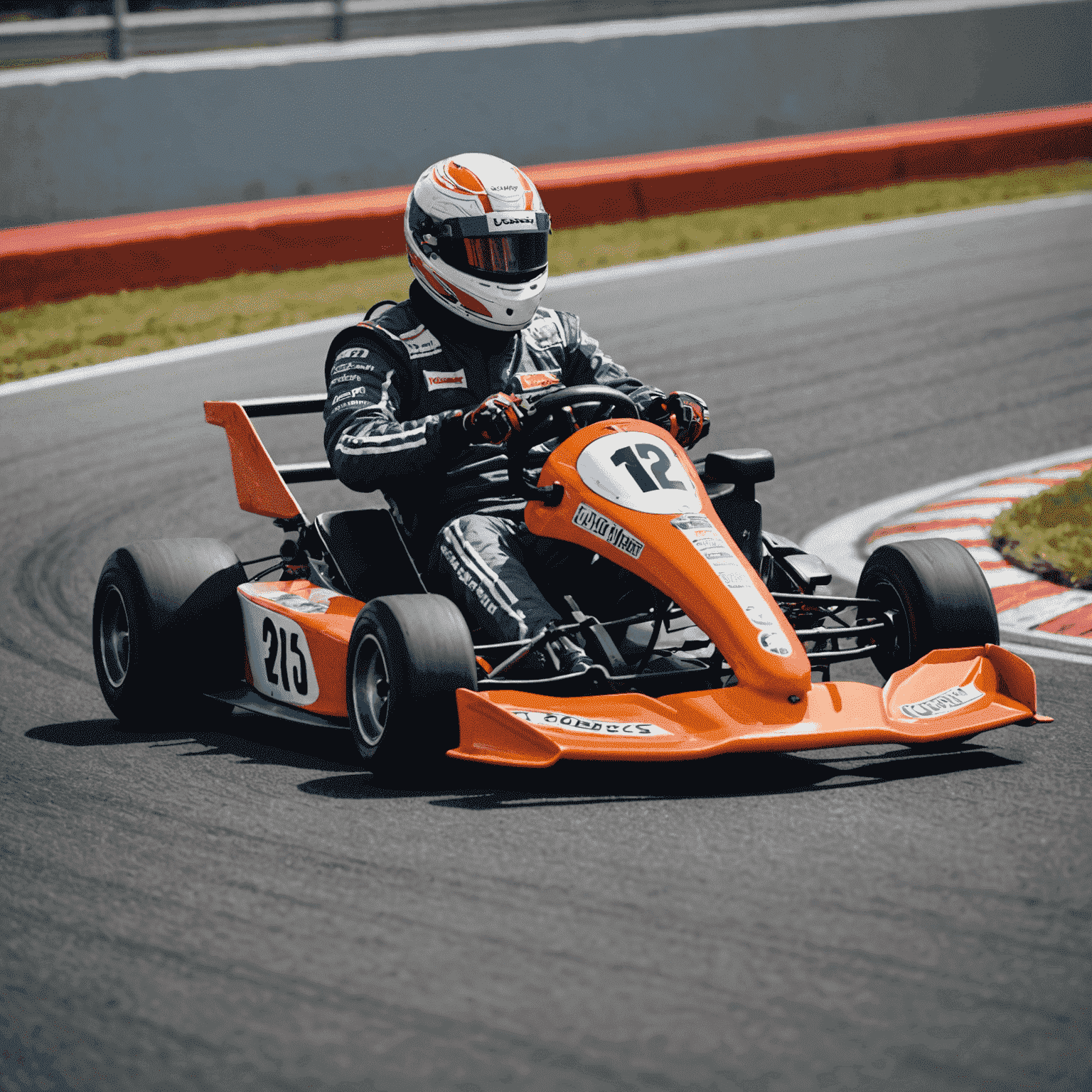 A kart taking a sharp turn on a race track, demonstrating perfect cornering technique. The driver is leaning into the turn, with the inside wheels slightly lifted off the ground.