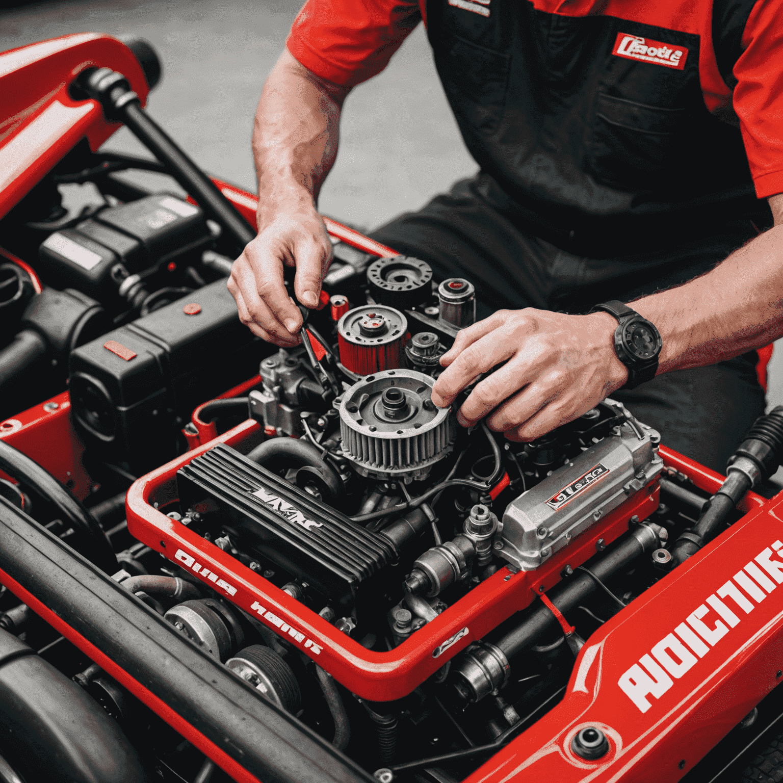 A mechanic working on a go-kart engine, with tools spread out nearby. The kart is red and black, matching the website's color scheme.