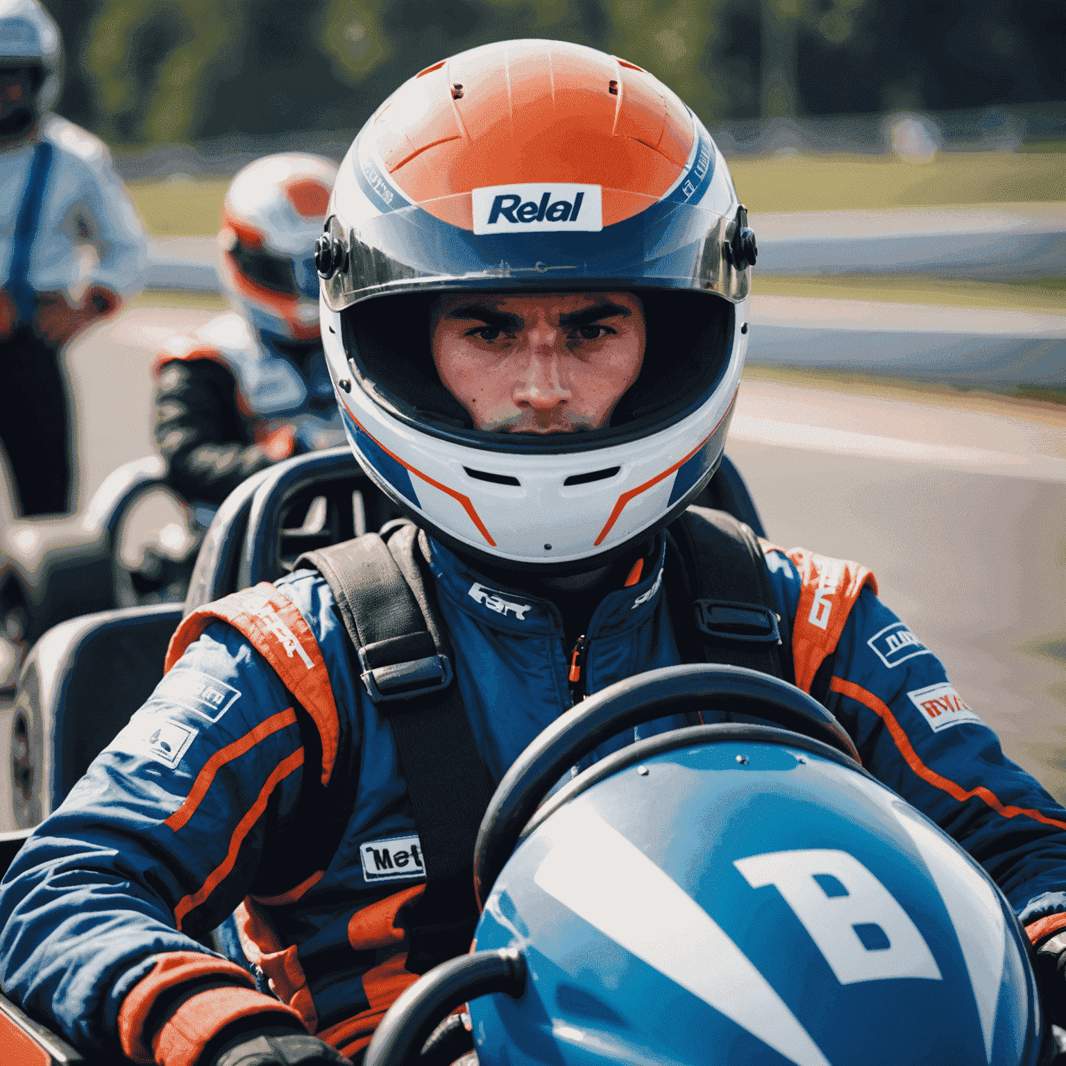 A kart racer wearing a helmet, looking focused and determined before a race. The image is slightly blurred to convey a sense of speed and anticipation.