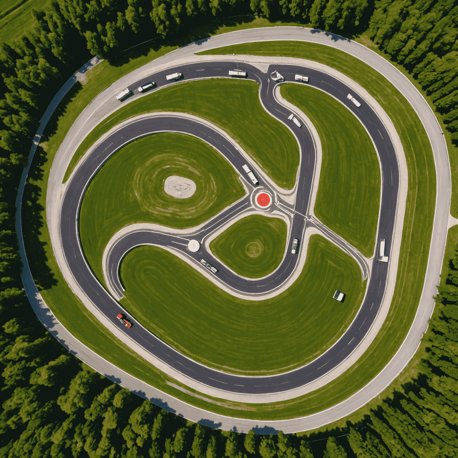 Aerial view of a winding karting track in Poland with multiple karts racing, showcasing the excitement and competitiveness of the Polish karting scene