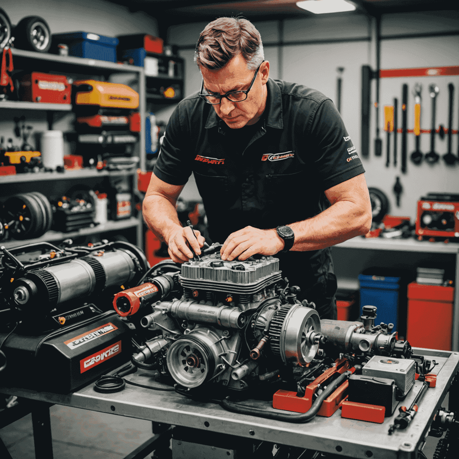 Image of our technical expert examining a kart engine, surrounded by tools and equipment in a professional racing garage