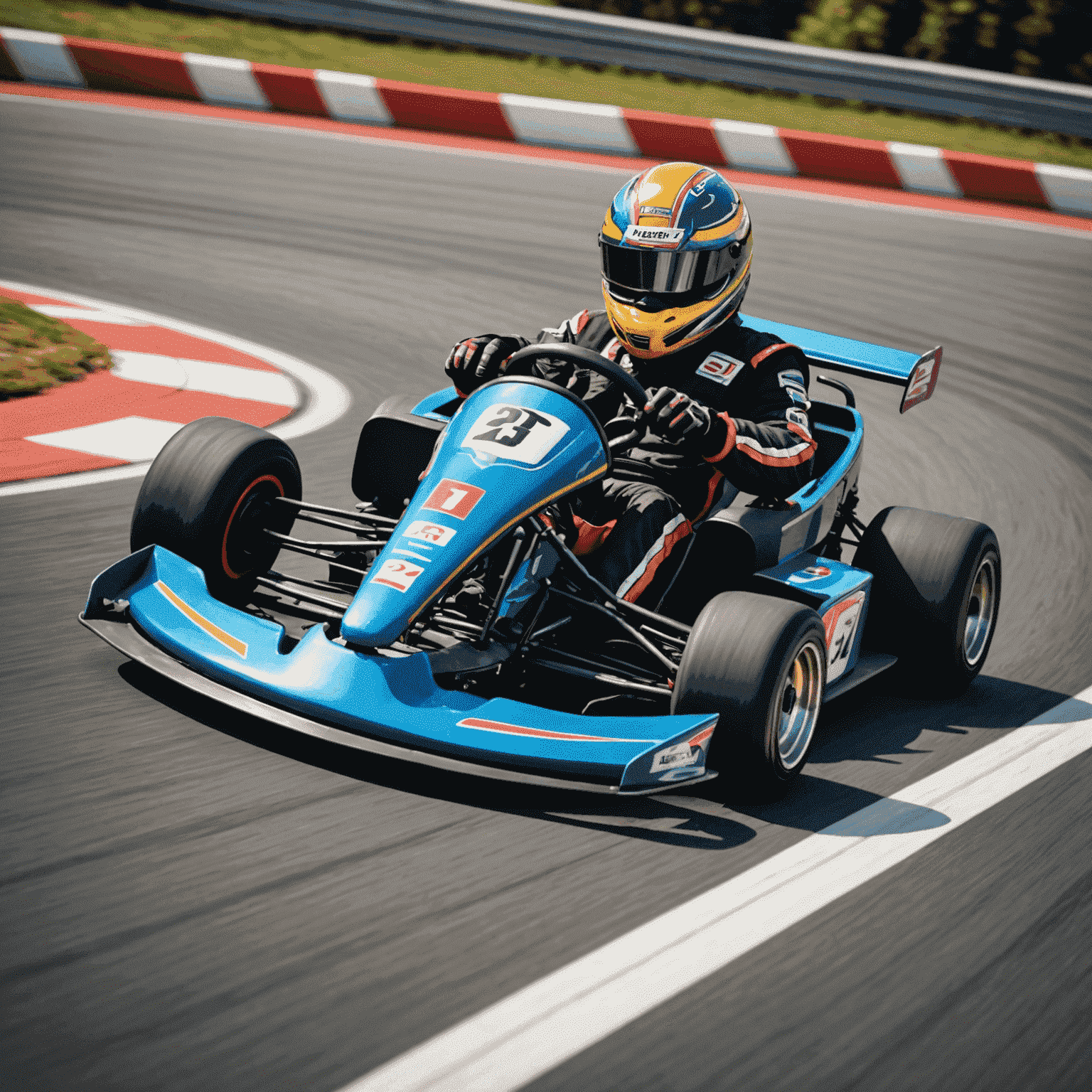 A go-kart taking a sharp turn on a race track, demonstrating advanced cornering technique. The kart is leaning into the turn with visible speed lines.