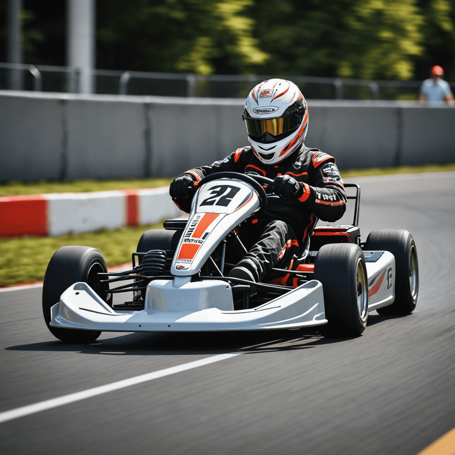 A go-kart taking a tight corner at high speed, with visible racing line and motion blur to emphasize the advanced cornering technique.