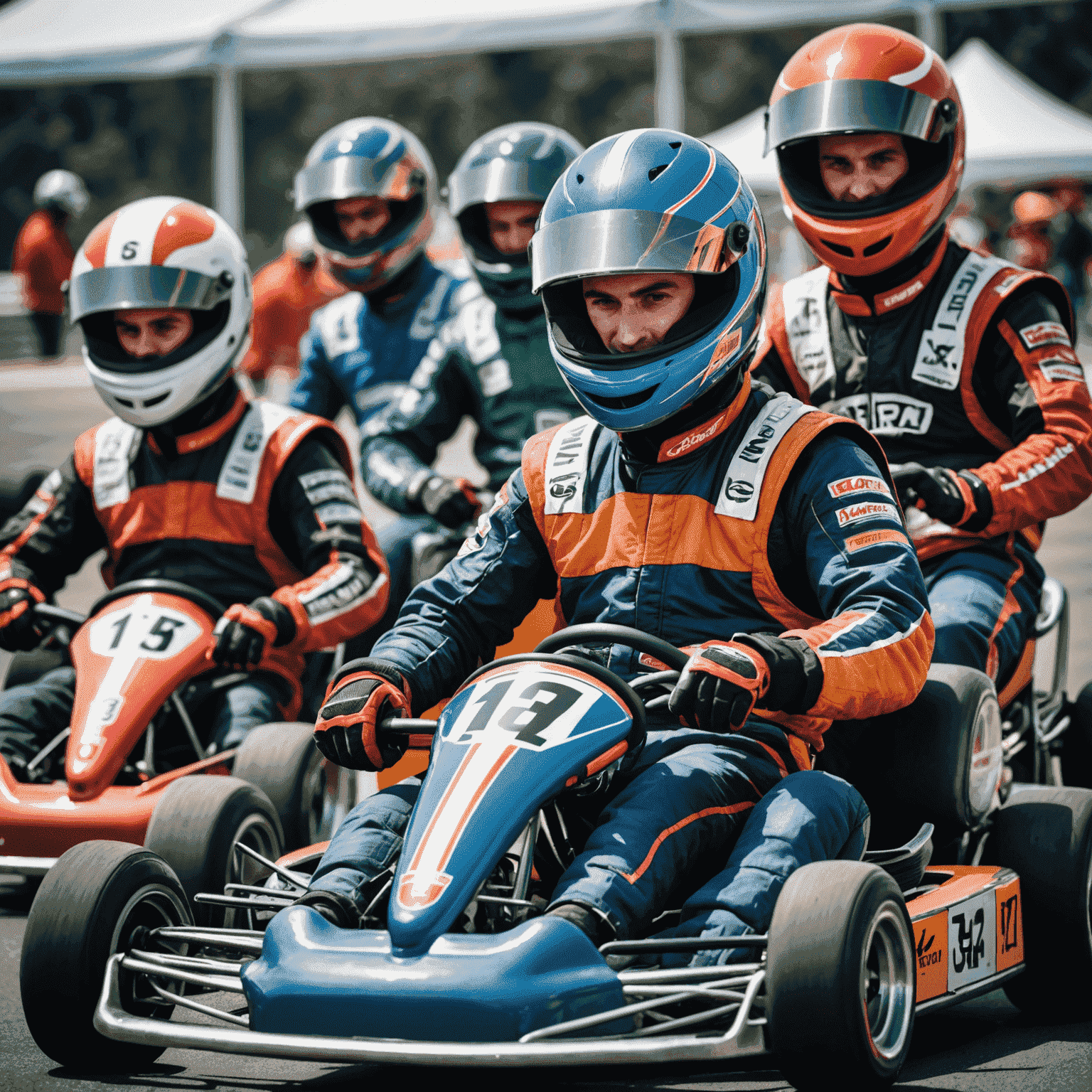 A group of kart racers at the starting line, showcasing proper safety gear and ready posture. The image emphasizes the excitement and camaraderie of karting while highlighting safety equipment.