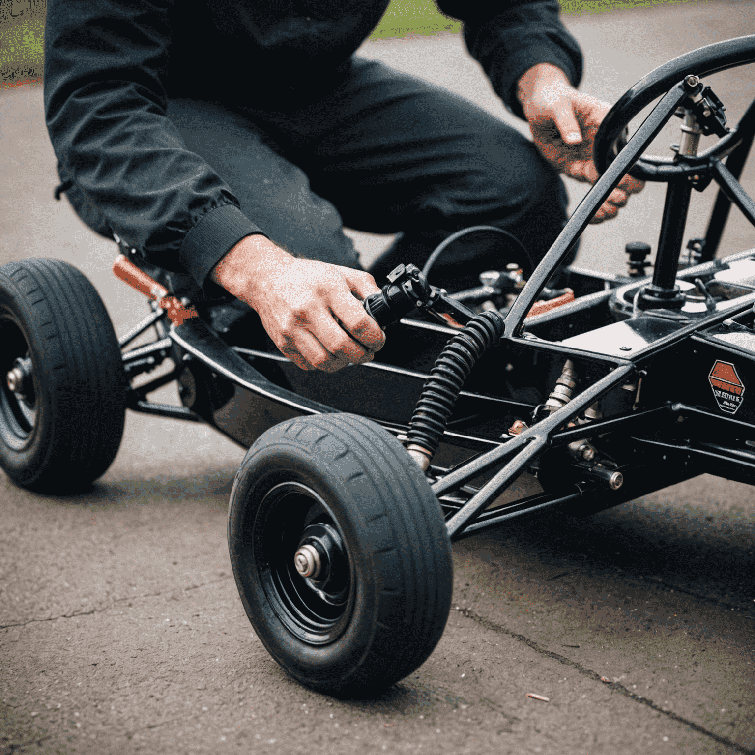 A close-up of a go-kart chassis with focus on the suspension and tires. The image shows a mechanic adjusting the alignment.