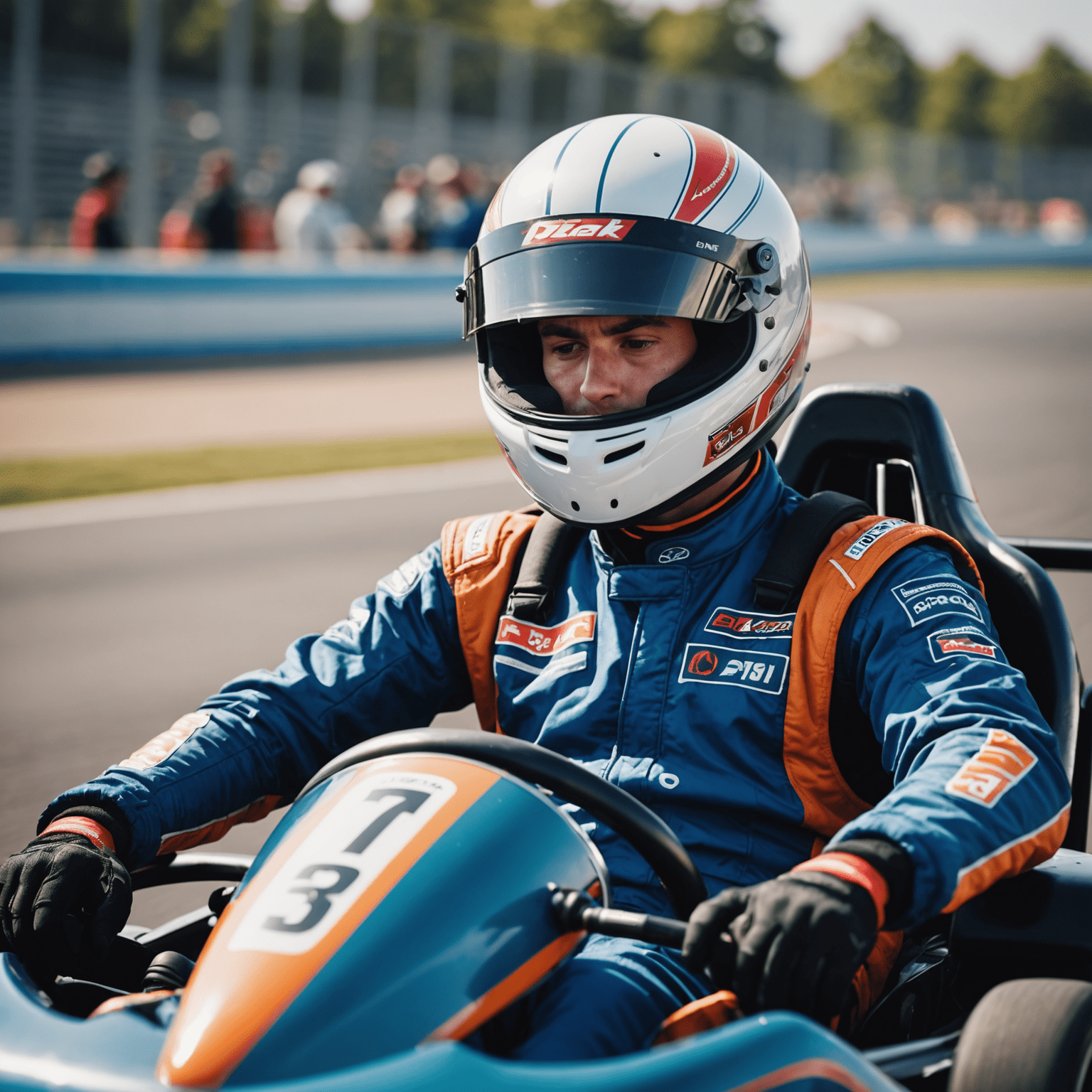 A kart racer sitting calmly in their kart, eyes closed, practicing deep breathing techniques before a race. The background shows a blurred racetrack.