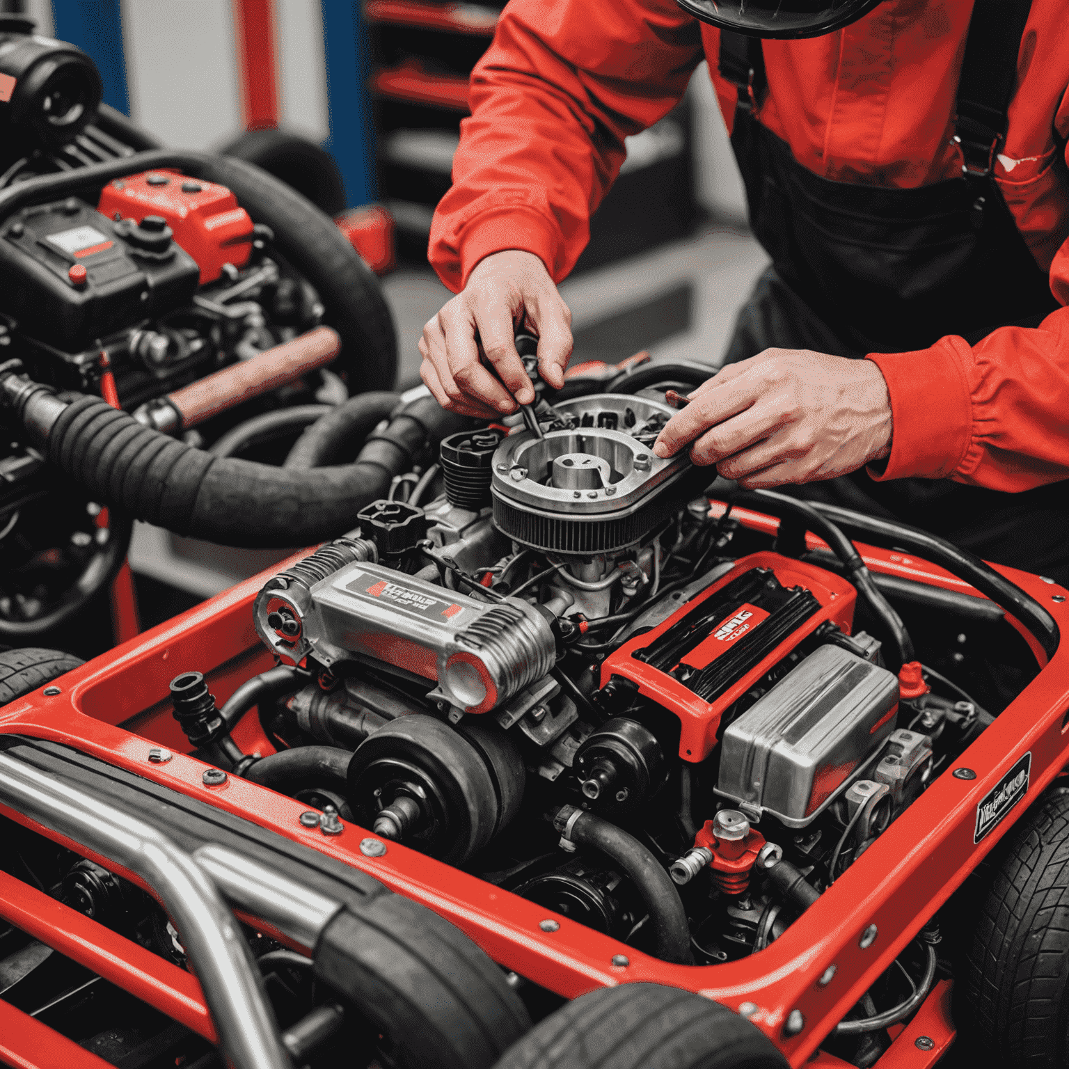 A mechanic working on a go-kart engine, with tools and spare parts visible. The kart is red and black, matching the website's color scheme.