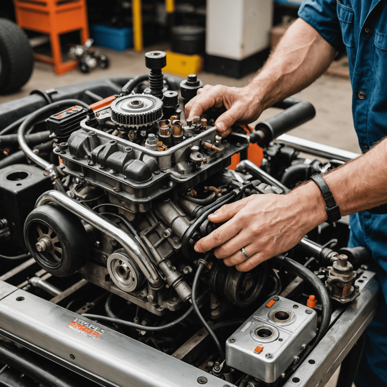 A mechanic working on a go-kart engine, with tools and spare parts visible, demonstrating proper maintenance techniques.