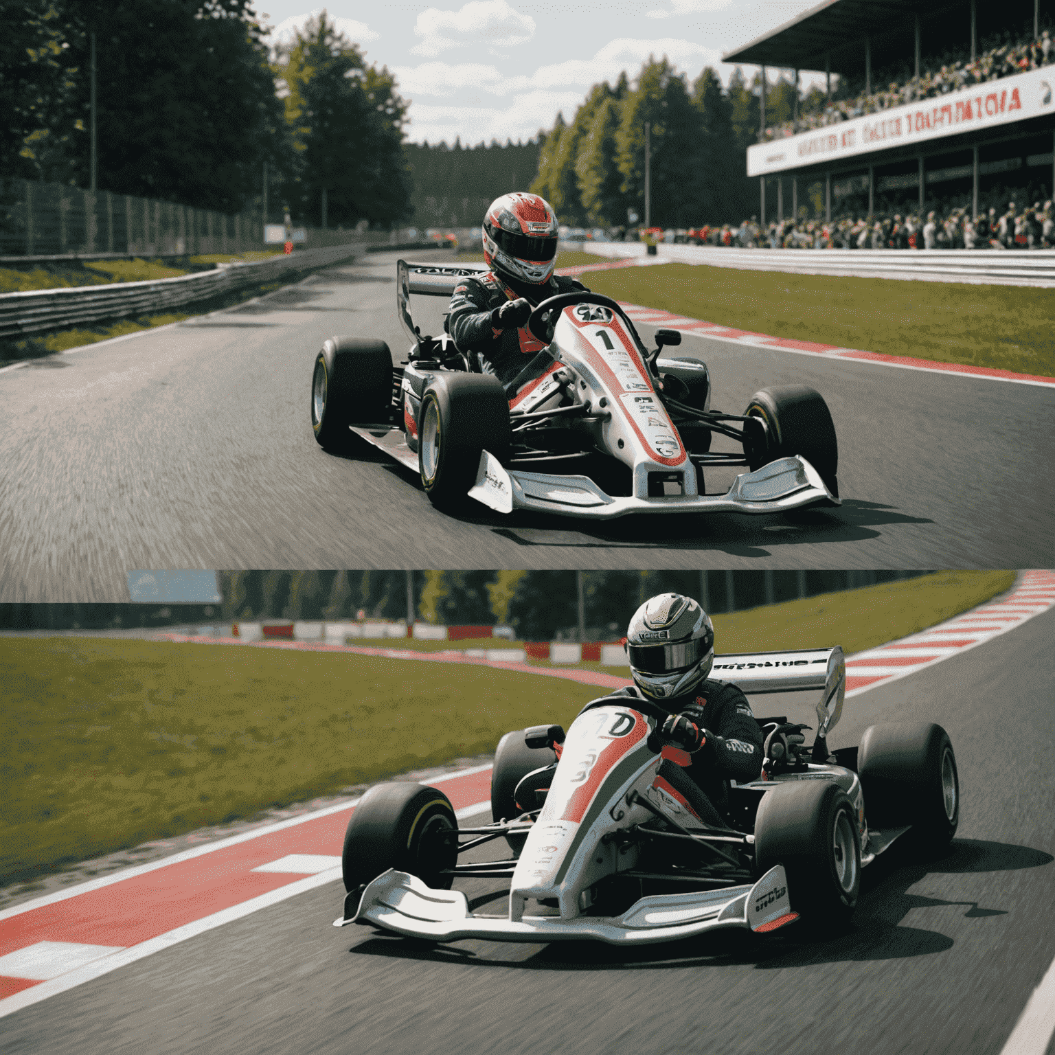 Split-screen comparison of a kart taking a corner with and without using the Scandinavian flick technique