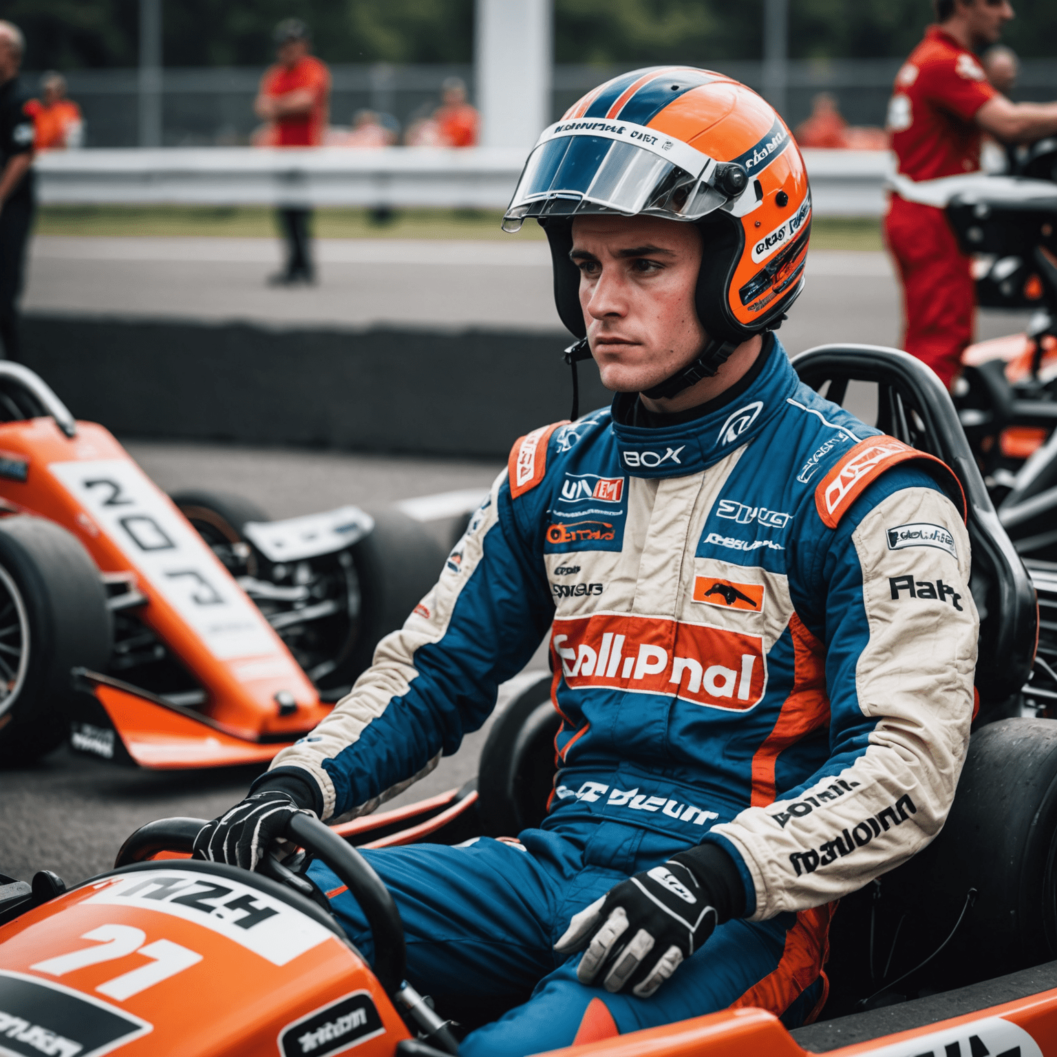 A kart racer going through their pre-race routine, inspecting their kart, stretching, and listening to music. The image shows a determined expression and focused body language.