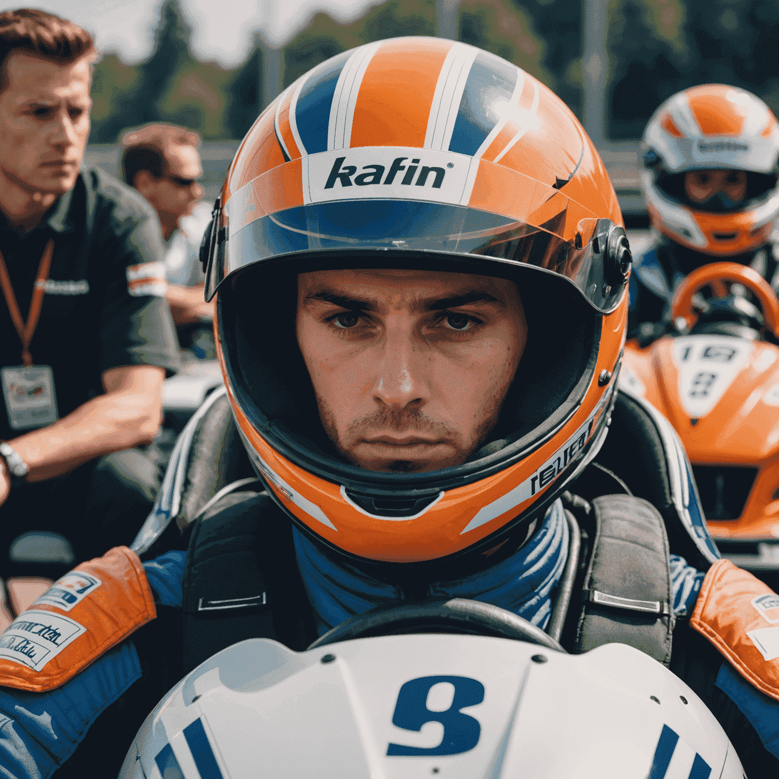 A focused kart racer in deep concentration before a race, wearing a racing suit and helmet, demonstrating mental preparation techniques.